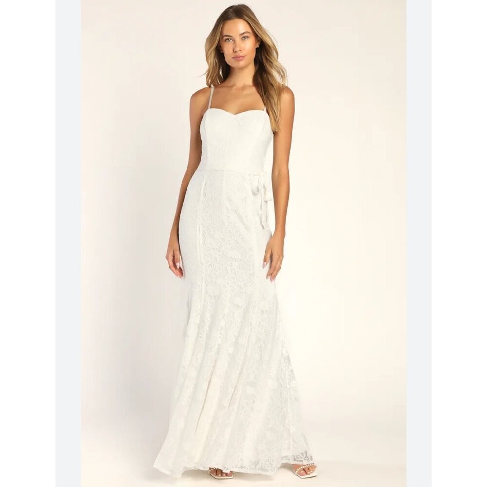 NWT Lulus Bridal Everlasting Emotion White Lace Mermaid Maxi Dress Size Large